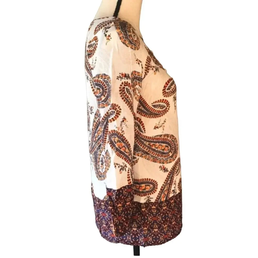 Lucky Brand Paisley Blouse Print Long Sleeve Boho Natural Multi Womens SZ Small